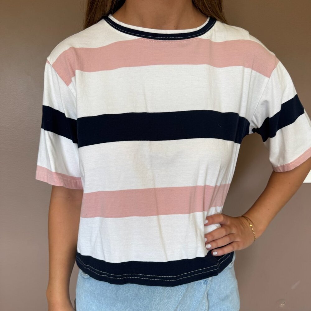 Striped Colorblock Tee – Pink, Navy & White